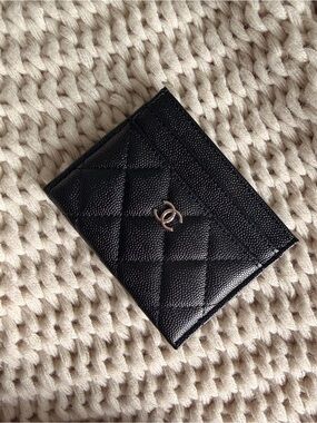Black Quilted Leather Card Holder with Logo Accent
